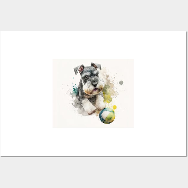 Miniature Schnauzer Playing Ball Watercolour Painting Wall Art by TheArtfulAI